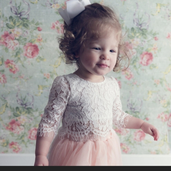 Two Piece Crochet Lace Flower Girl Top, Blush Pink Tulle Princess Tutu Skirt - Picture 7 of 11